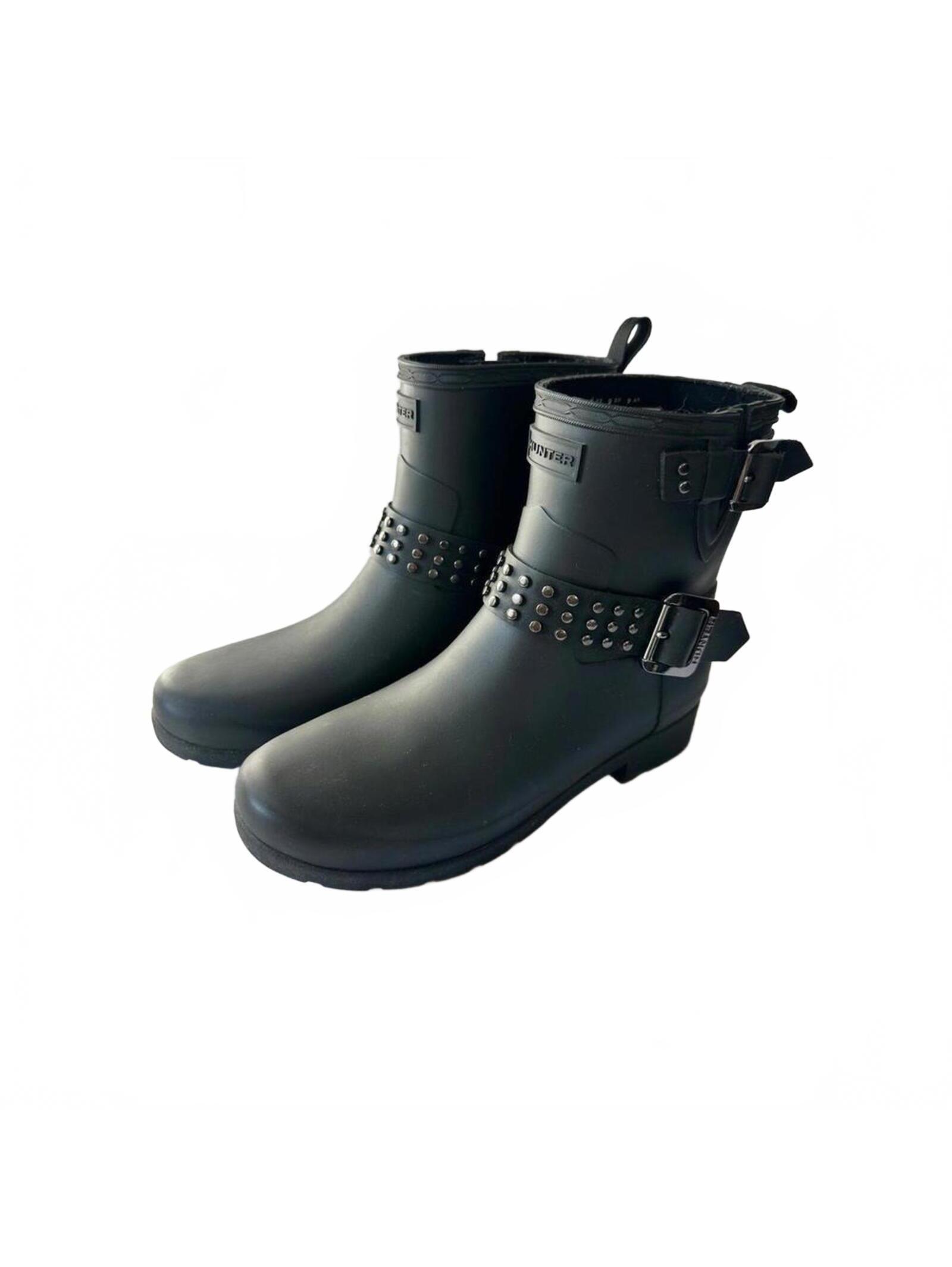 Hunter Black Studded Ankle Rain Boots With Straps